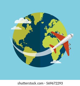 Traveling around the world by plane. Vector illustration.