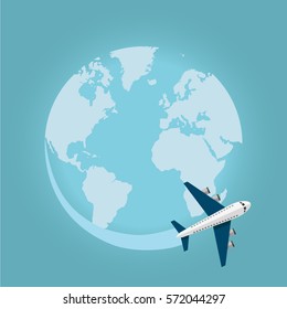Traveling around the world by plane. Vector illustration.