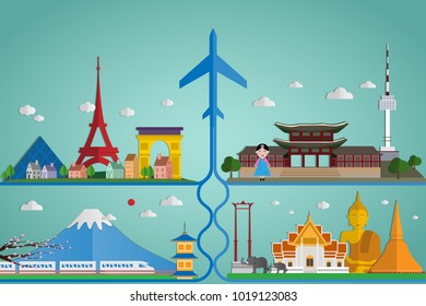 Traveling around the world in paper style. vector illustration