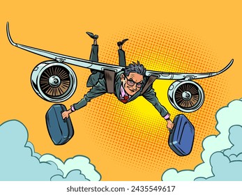 Traveling around the world as part of a business trip. A tourist who uses airplanes and flights. A man with two briefcases flies on the wings of an airplane. Comic cartoon pop art retro vector