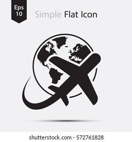 Traveling Around The World. Simple Flat Symbol Of Traveling. Plane Sign. Vector Illustration