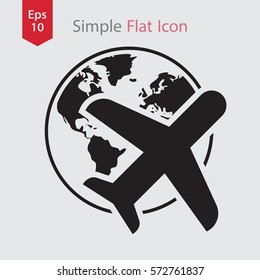 Traveling Around The World. Simple Flat Symbol Of Traveling. Plane Sign. Vector Illustration