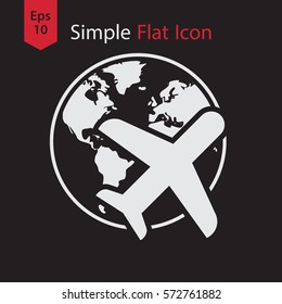 Traveling Around The World. Simple Flat Symbol Of Traveling. Plane Sign. Vector Illustration