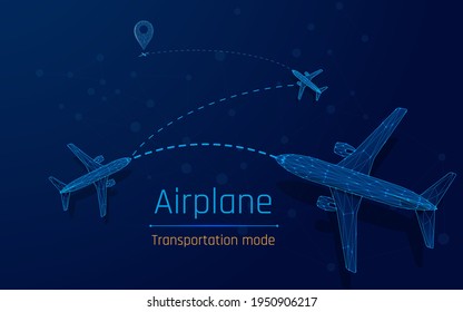 traveling around the world, transporting people. planes flying along the route. air connection. charter flights, transfers, a couple of points of arrival, delivery all over the world,wireframe. plexus