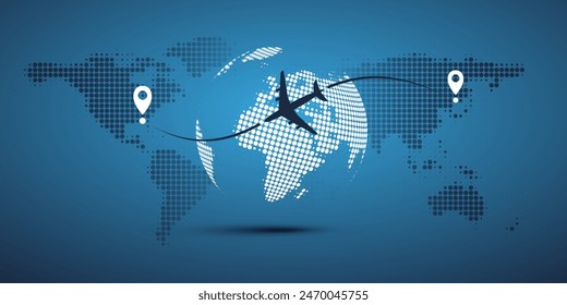 Traveling Around the World - Travel by Airplane - Dark Blue World Map and Earth Globe Design with Plane Flying in an Intercontinental Route to the Destination