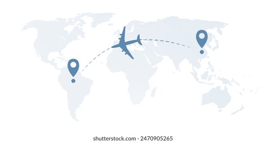 Viajar por el mundo - Viajar en avión - Diseño de Mapa Mundial con Avión Volando en una Ruta Intercontinental al Destino