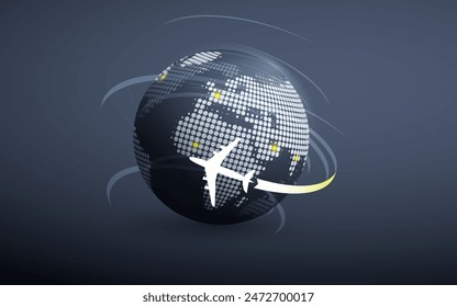 Traveling Around the World - Travel by Airplane Concept - Dark Grey Spinning Earth Globe Design with Plane Flying Around