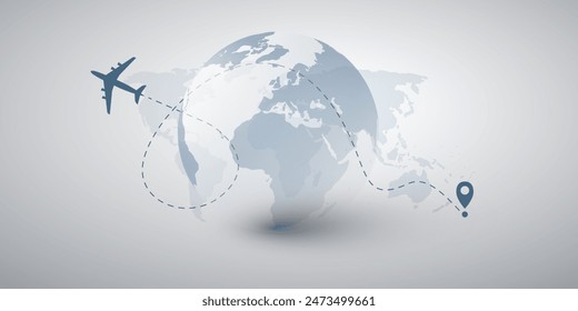 Traveling Around the World - Travel by Airplane - World Map and Earth Globe Design with Plane Flying in an Intercontinental Route to the Destination