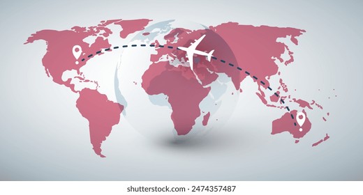 Traveling Around the World - Travel by Airplane Concept - World Map and Earth Globe Design with Plane Flying in an Intercontinental Route to the Destination