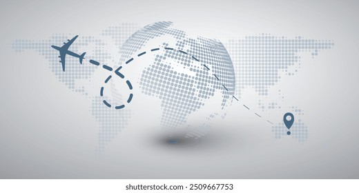 Viajando ao Redor do Mundo - Conceito de Viagem de Avião - Mapa Mundial Cinza e Design do Globo da Terra com Avião Voando em uma Rota Intercontinental para o Destino