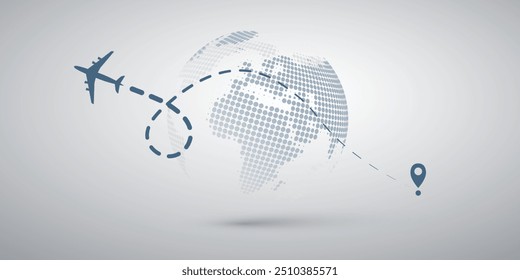 Traveling Around the World - Travel by Airplane Concept - Grey Dotted Earth Globe Design with Plane Flying in an Intercontinental Route to the Destination