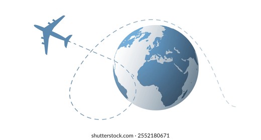 Traveling Around the World - Travel by Airplane - Earth Globe Design with Plane Flying in an Intercontinental Route to the Destination - Concept Clip-Art Isolated on White Background