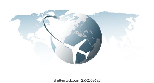 Traveling Around the World - Travel by Airplane - World Map and Earth Globe Design with Plane Flying in an Intercontinental Route to the Destination - Isolated on White Background