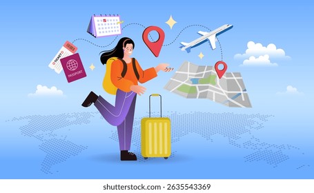 Traveling Around the World. Traveler looking for location. Tourist with a backpack and luggage is watching a map and gps. Concept tourism search location, Vector in a flat style.