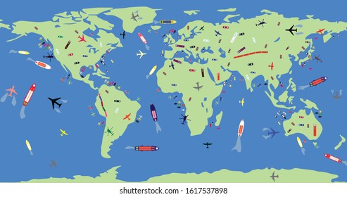 Traveling around the world.Flat globe with airplanes buses autos ships trains.Original and interesting background