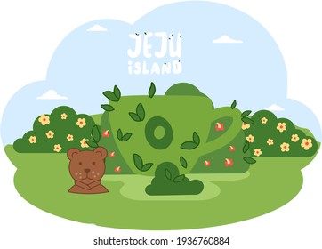 Traveling to asia by landmark osulloc tea museum in Jeju island. Topiary green cup in cartoon style