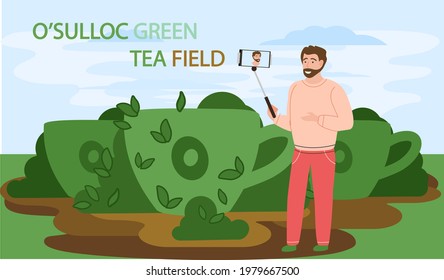 Traveling to asia by landmark osulloc tea museum in Jeju island. Topiary green cup in cartoon style attraction of beautiful island in south korea, touristic entertainment journey recommended to visit