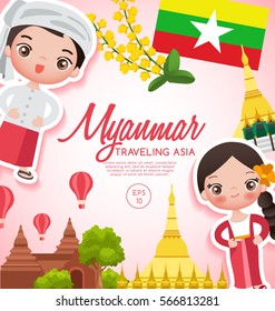 Traveling Asia : Myanmar Tourist Attractions : Vector Illustration