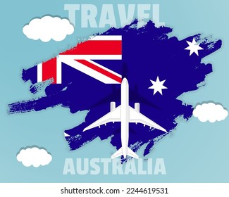 Traveling to Australia, top view passenger plane on Australia flag with clouds and weather, country tourism banner idea, vector design, brush splash