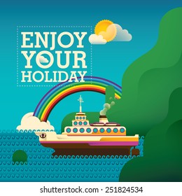 Traveling background with cruise ship. Vector illustration.