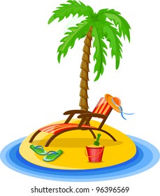 Traveling background with palm trees, sun bed, bucket