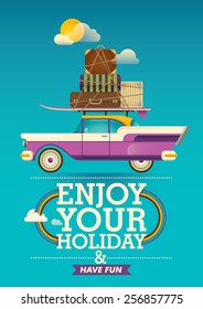 Traveling background with retro car. Vector illustration.