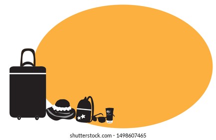 Traveling background that include items like suitcase, hat, bag pack, sun block cram.