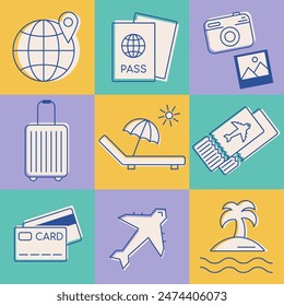 Traveling background, tourism, vacation, summer journey. Retro style poster, card for traveling office. Travel supplies icons, background for summer journey, beach vacation, tourists, trip provider.