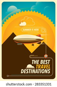 Traveling background with zeppelin. Vector illustration.