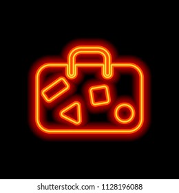 traveling bag, luggage, case. Orange neon style on black background. Light icon