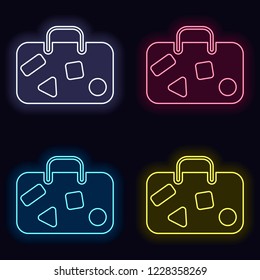 traveling bag, luggage, case. Set of fashion neon sign. Casino style on dark background. Seamless pattern