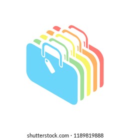 traveling bag, luggage, case. Stack of colorful isometric icons on white background