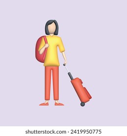 Traveling with a bag or suitcase concept. Realistic 3d object cartoon style.