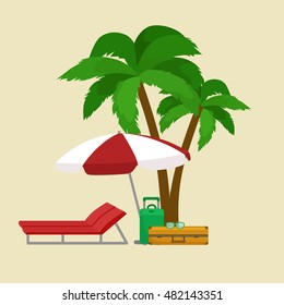Traveling bag suitcase for trip or vacation, tourism icon baggage voyage under the palm on beach at the sea with sun umbrella and recliner, active lifestyle concept design vector illustration.