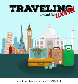 Traveling bag suitcase trip or vocation, tourism baggage for voyage vector illustration. Summer tourist concept with stack of luggage on background of world landmarks, packaging label sticker travel