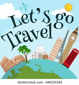 Traveling bag suitcase trip or vocation, tourism baggage for voyage vector illustration. Summer tourist concept with stack of luggage on background of world landmarks, packaging label sticker travel