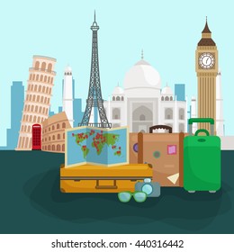 Traveling bag suitcase trip or vocation, tourism baggage for voyage vector illustration. Summer tourist concept with stack of luggage on background of world landmarks, packaging label sticker travel