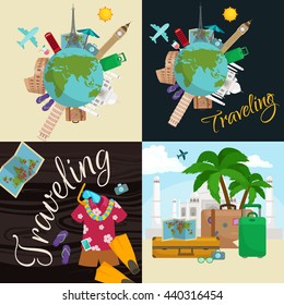 Traveling bag suitcase trip or vocation, tourism baggage for voyage vector illustration. Summer tourist concept with stack of luggage on background of world landmarks, packaging label sticker travel