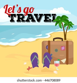 Traveling bag suitcase trip or vocation, tourism baggage for voyage vector illustration. Summer tourist concept with stack of luggage palm tree on sandy sea ocean beach packaging label sticker travel