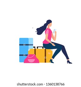 Traveling with Baggage Flat Vector Concept. Woman with Smartphone, Calling Taxi, Booking Tickets Online, Searching for Flights Schedule in Internet While Sitting on Road Bags Isolated Illustration
