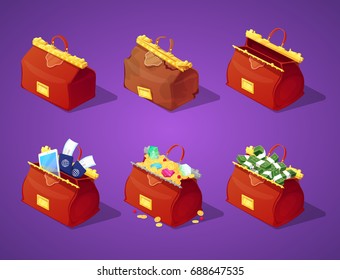 Traveling Bags with Money, Coins and Gold for Game Interface. Treasure, Banknotes and Diamonds Icons. Vector illustration