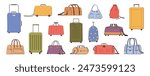 Traveling bags and suitcases for travelers. Vector isolated set of personal belongings of passengers. Baggage and luggage with wheels, backpack or rucksack, sack for tours and voyage trips