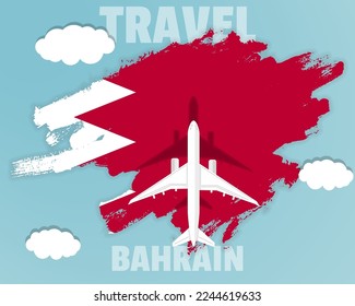 Traveling to Bahrain, top view passenger plane on Bahrain flag with clouds and weather, country tourism banner idea, vector design, brush splash