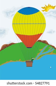 Traveling in a balloon. The young man looks through a telescope
