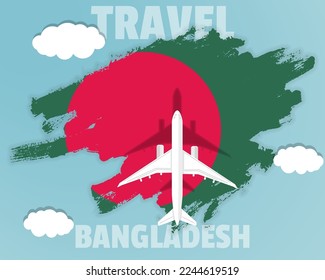 Traveling to Bangladesh, top view passenger plane on Bangladesh flag with clouds and weather, country tourism banner idea, vector design, brush splash