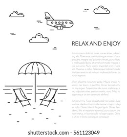 Traveling banner with outline journey and vacation related elements collected in form of round isolated on white background. Vector illustration in line art style.