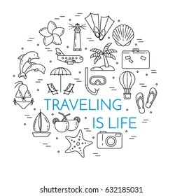 Traveling banner with outline journey and vacation related elements collected in form of round isolated on white background. Vector illustration in line art style.