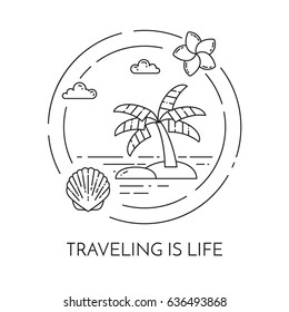 Traveling banner with palm on island inside circle and plumeria and shell on it isolated on white background. Flat line art vector illustration of abstract beach skyline. 