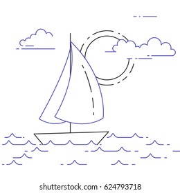 Traveling banner with sailboat on waves, sun and clouds isolated on white background. Flat line art vector illustration of  abstract skyline.