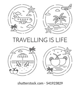 Traveling banner set with outline journey and vacation related elements collected in form of round isolated on white background. Vector illustration in line art style.